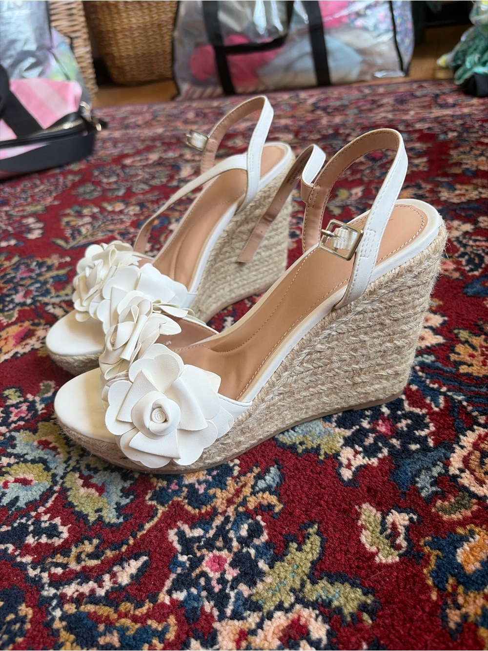 White Floral Espadrille Wedge Sandals - Women's
